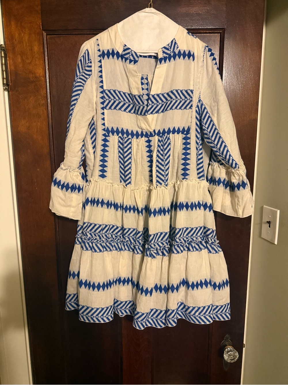 Women’s white and navy Dress with Blue Geometric Trim